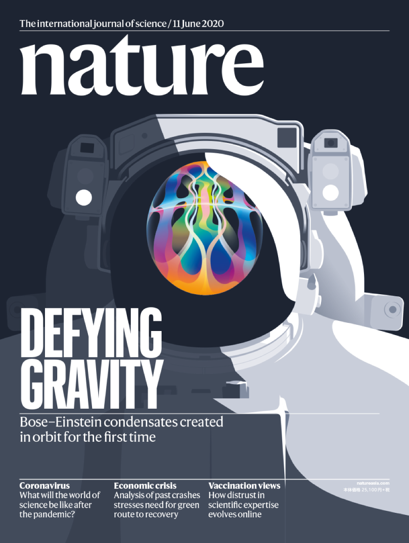Nature 封面以宇航服和头盔彩色反射表达研究概念的插画