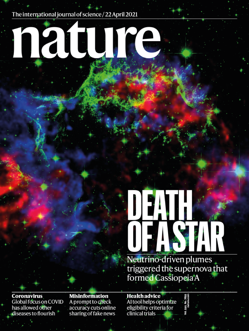 Nature 封面使用色彩鲜明的超新星天文摄影图像