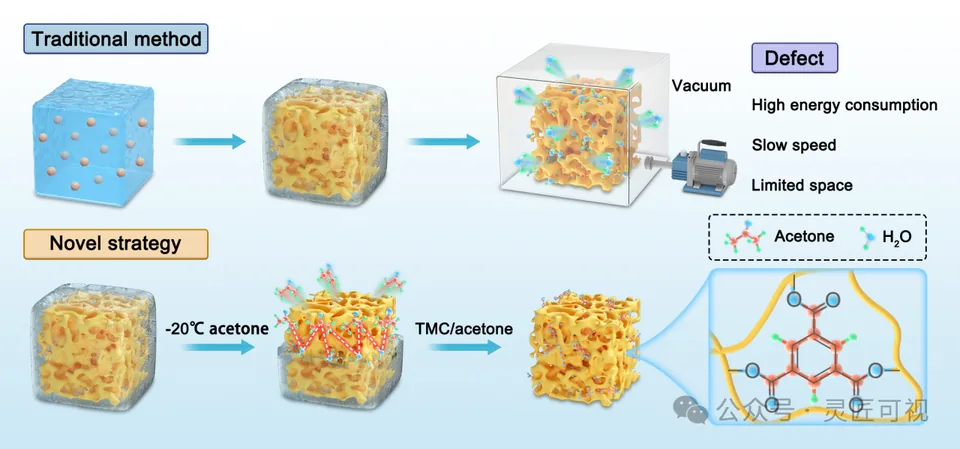 ADVANCED FUNCTIONAL MATERIALS 一种冰溶交联法，用于高效、大规模制备在水环境中具有超稳定性的聚电解质单体科研论文示意图