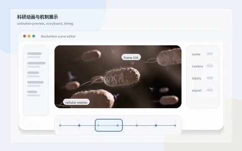 科研动画与机制展示服务：动画预览窗口、时间轴和真实科研画面组合